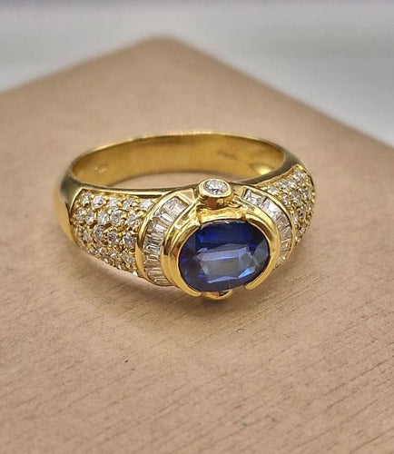 Bague 59 Bague vintage style trombino en or jaune 18 carats, saphir et diamants 58 Facettes
