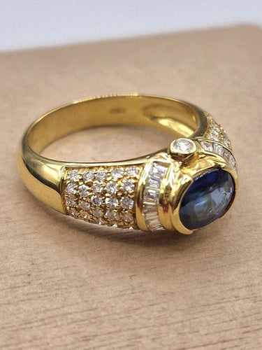 Bague 59 Bague vintage style trombino en or jaune 18 carats, saphir et diamants 58 Facettes