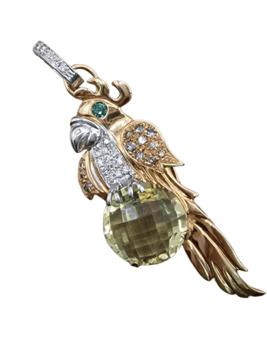 Pendentif Pendentif/broche perroquet en or rose 18 carats, quartz citron et diamants 58 Facettes