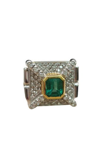 Bague 55 Bague cocktail en or jaune et or blanc 18 carats avec émeraude et diamants 58 Facettes