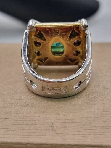 Bague 55 Bague cocktail en or jaune et or blanc 18 carats avec émeraude et diamants 58 Facettes