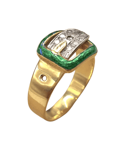 Bague 58 Bague boucle vintage années 1960 en or jaune, émail et diamants 58 Facettes