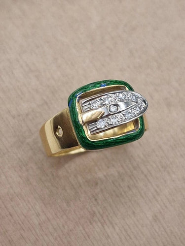 Bague 58 Bague boucle vintage années 1960 en or jaune, émail et diamants 58 Facettes