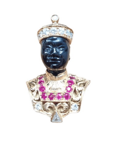 Broche Nardi Venezia « Moro » - Broche vintage en or jaune 18 carats, diamants et rubis 58 Facettes