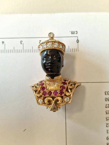 Broche Nardi Venezia « Moro » - Broche vintage en or jaune 18 carats, diamants et rubis 58 Facettes