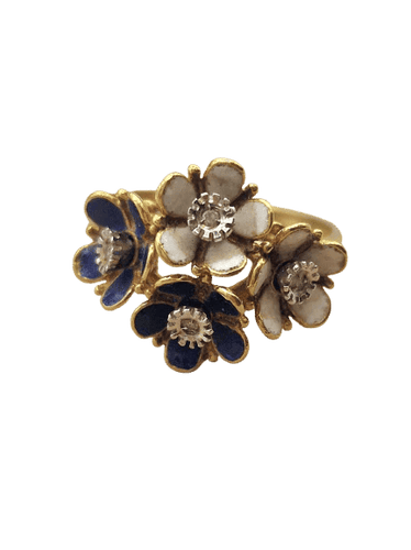 Bague 54 Bague vintage motif bouquet de fleurs en or jaune 18 carats et émail 58 Facettes