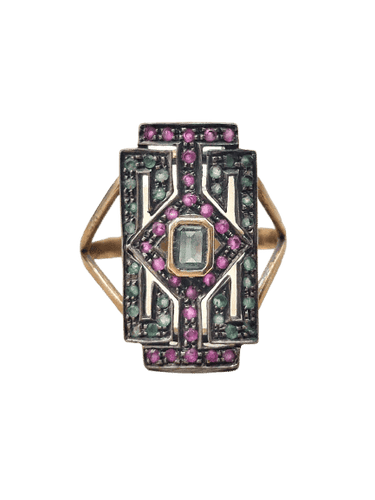 Bague 61 Bague ancienne en or jaune 18 carats avec aigue-marine, rubis et émeraudes 58 Facettes