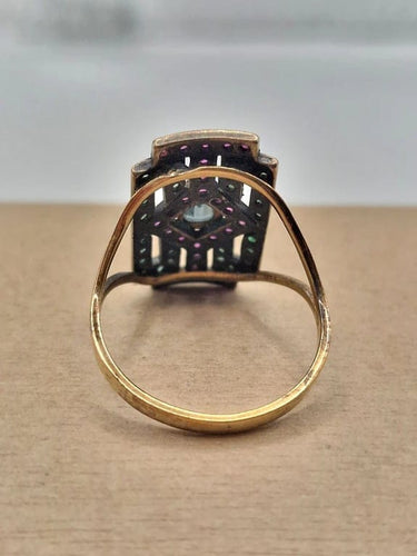 Bague 61 Bague ancienne en or jaune 18 carats avec aigue-marine, rubis et émeraudes 58 Facettes