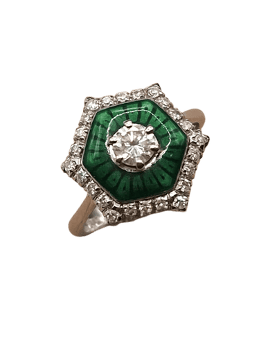 Bague 55 Bague solitaire en or blanc 18 carats avec diamant et émail vert 58 Facettes