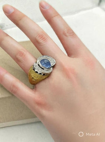 Bague 54 Bague cocktail vintage en or blanc et jaune 18 carats, saphir et diamants 58 Facettes