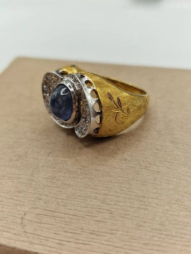 Bague 54 Bague cocktail vintage en or blanc et jaune 18 carats, saphir et diamants 58 Facettes