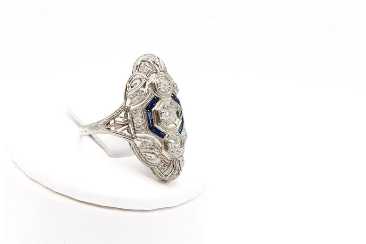 Bague 53 Bague marquise 1930 en platine, diamants et saphirs 58 Facettes 250309