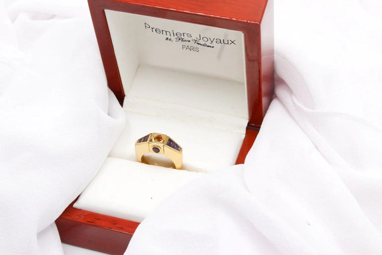 Bague 53 Premiers Joyaux - Bague motif carré en or jaune et pierres fines 58 Facettes 250199