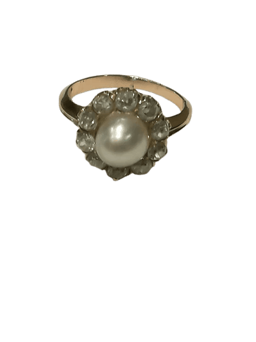 Bague 54 Bague ancienne en or jaune 18 carats, perle fine et diamants 58 Facettes
