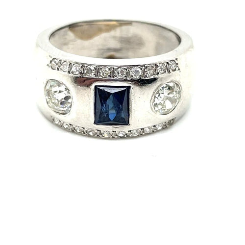 Bague 52 Art déco - Bague chevalière en platine 850 saphir et diamants 58 Facettes