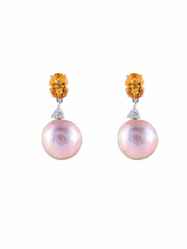 Boucles d'oreilles Boucles d’oreilles en or blanc 585, perles, citrines et diamants 58 Facettes