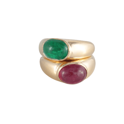 Bague 50 Poiray Double jonc - Bague en or jaune 18 ct rubis et émeraude 58 Facettes 1