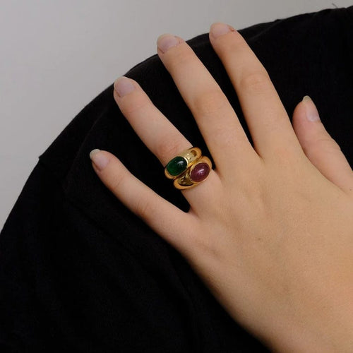 Bague 50 Poiray Double jonc - Bague en or jaune 18 ct rubis et émeraude 58 Facettes 1