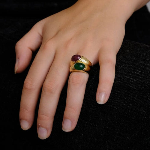 Bague 50 Poiray Double jonc - Bague en or jaune 18 ct rubis et émeraude 58 Facettes 1