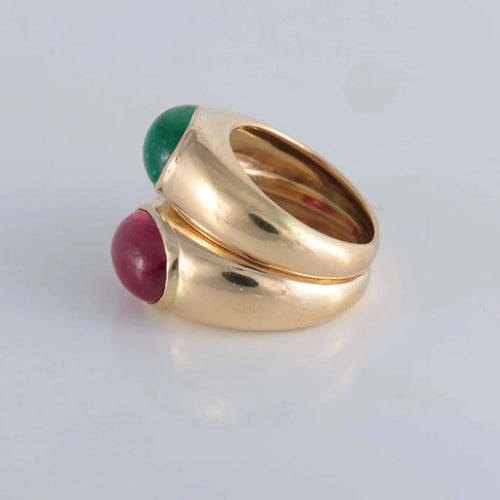 Bague 50 Poiray Double jonc - Bague en or jaune 18 ct rubis et émeraude 58 Facettes 1