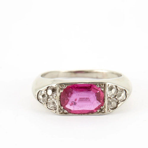 Bague Bague jonc Art déco en or blanc, pierre rouge/rose et diamants 58 Facettes