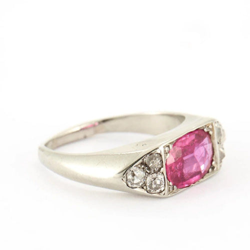 Bague Bague jonc Art déco en or blanc, pierre rouge/rose et diamants 58 Facettes