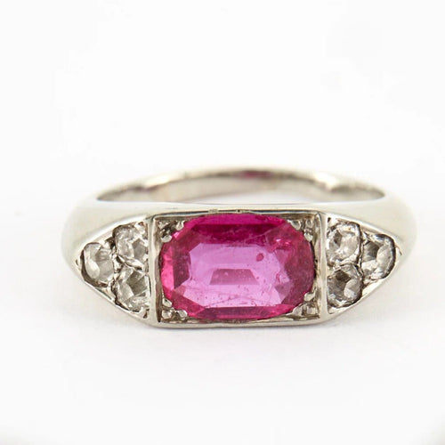 Bague Bague jonc Art déco en or blanc, pierre rouge/rose et diamants 58 Facettes