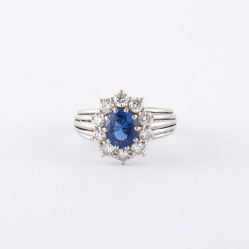 Bague 60 Bague jonc marguerite en platine, saphir de Ceylan et diamants 58 Facettes