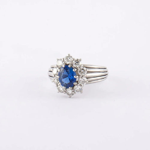 Bague 60 Bague jonc marguerite en platine, saphir de Ceylan et diamants 58 Facettes