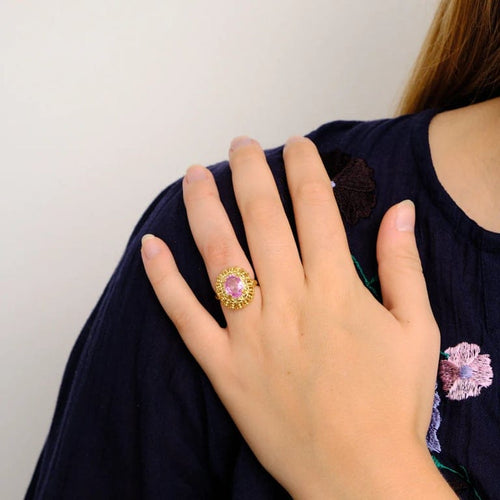 Bague 49.5 Bague vintage en or jaune 18 carats, pierre rose synthèse 58 Facettes