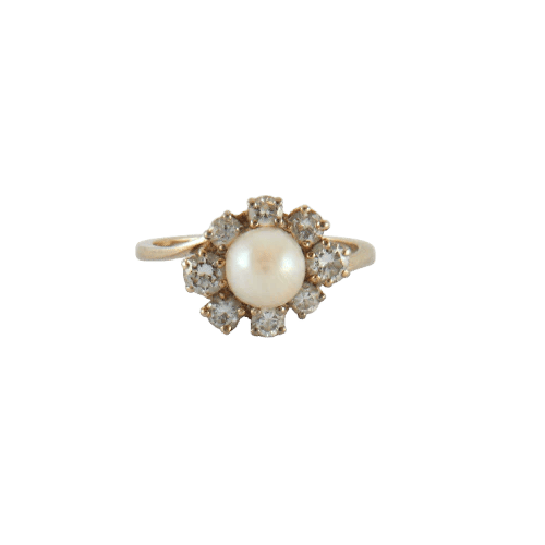 Bague 57 Bague tourbillon vintage en or blanc 750, perle Akoya et diamants 58 Facettes