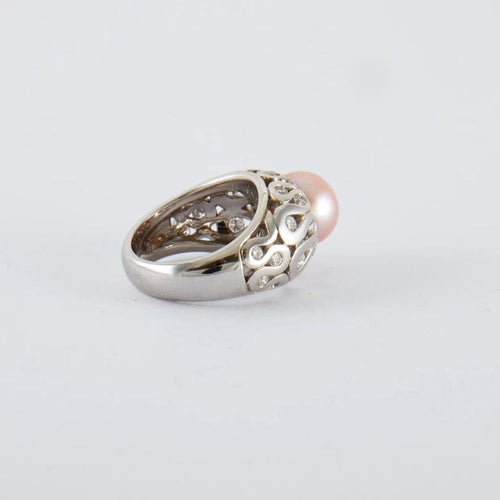 Bague 52.5 Bague jonc - Perle rose et diamants en or blanc 18 ct 58 Facettes