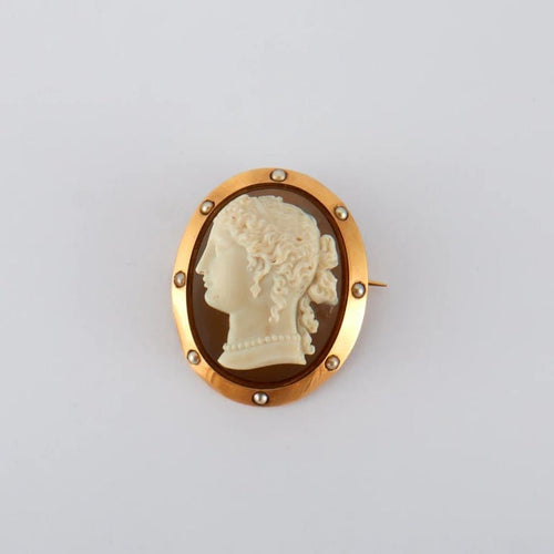 Broche Broche camée sur agate en or rose 750 avec demi-perles 58 Facettes