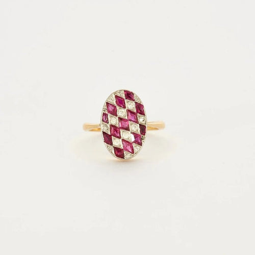 Bague 50 Bague Art déco Arlequin ovale en or jaune et or blanc, diamants 58 Facettes