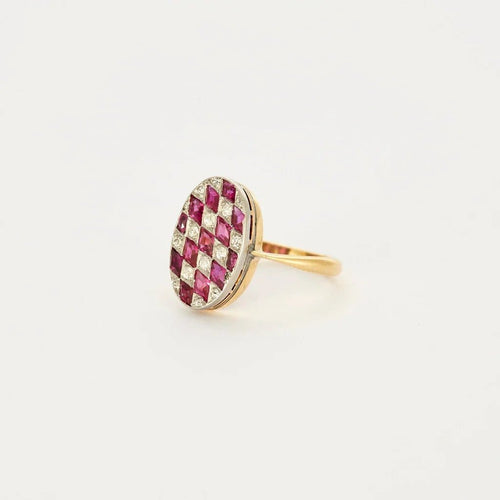Bague 50 Art déco - Bague arlequin en or jaune, or blanc, diamants et rubis 58 Facettes