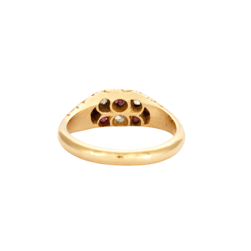 Bague 54.5 Bague jarretière ancienne en or jaune 18K, rubis et diamants 58 Facettes