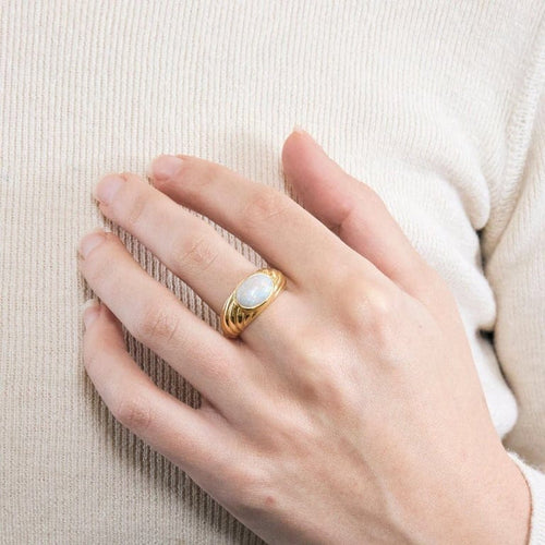 Bague 54.5 Bague godron en or jaune 18 ct sertie d’une opale 58 Facettes