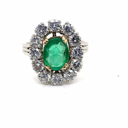 Bague 60 Bague marguerite - Émeraude ovale et diamants en or blanc et platine 58 Facettes