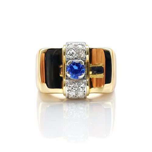 Bague 55 Bague tank en or jaune 18 carats, saphir et diamants 58 Facettes