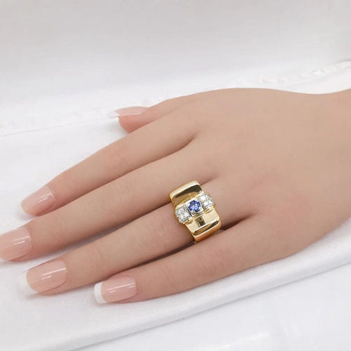 Bague 55 Bague tank en or jaune 18 carats, saphir et diamants 58 Facettes