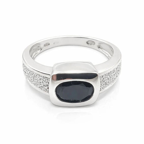 Bague 55 Bague en or blanc 18 carats avec saphir ovale et diamants 58 Facettes