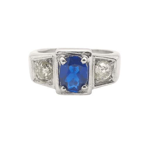 Bague 53 Bague Belle Époque en or blanc 18 carats saphir et diamants 58 Facettes
