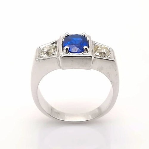 Bague 53 Bague Belle Époque en or blanc 18 carats saphir et diamants 58 Facettes