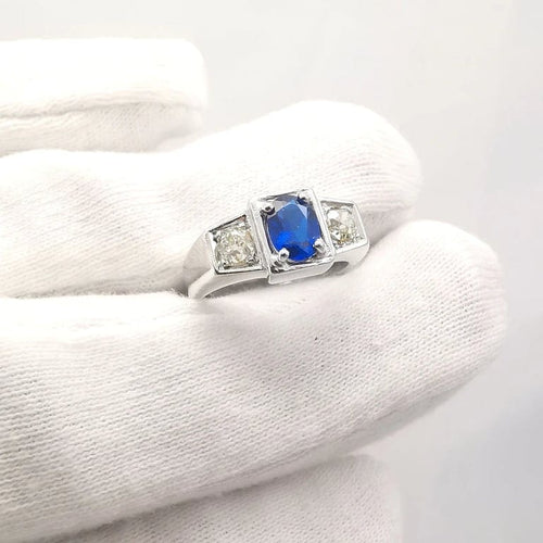 Bague 53 Bague Belle Époque en or blanc 18 carats saphir et diamants 58 Facettes