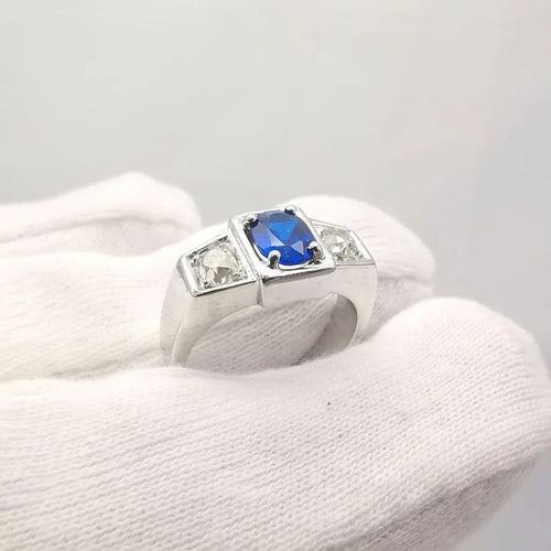 Bague 53 Bague Belle Époque en or blanc 18 carats saphir et diamants 58 Facettes