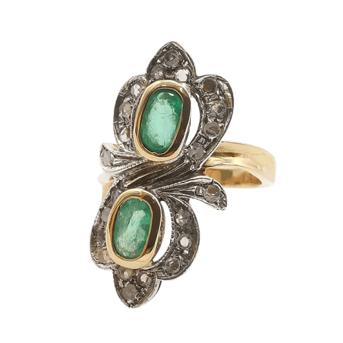 Bague 58 Bague marquise - Bague en or jaune 18 carats, émeraudes et diamants 58 Facettes