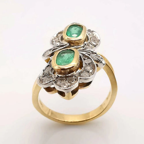 Bague 58 Bague marquise - Bague en or jaune 18 carats, émeraudes et diamants 58 Facettes