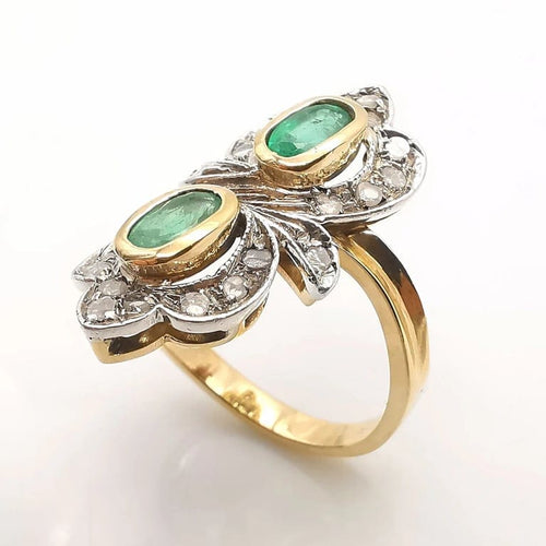 Bague 58 Bague marquise - Bague en or jaune 18 carats, émeraudes et diamants 58 Facettes