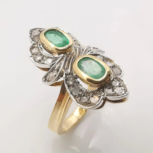 Bague 58 Bague marquise - Bague en or jaune 18 carats, émeraudes et diamants 58 Facettes