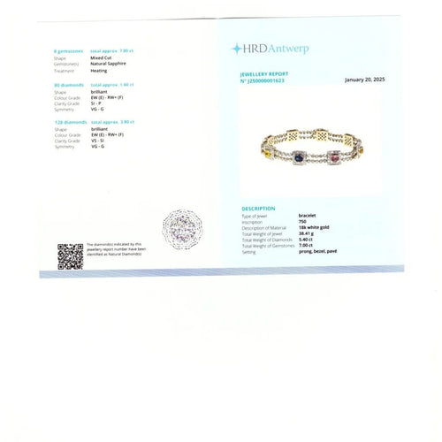 Bracelet Bracelet en or blanc 18 carats saphirs multicolores et diamants 58 Facettes Bracelet or blanc saphirs diamants certifié HRD Anvers